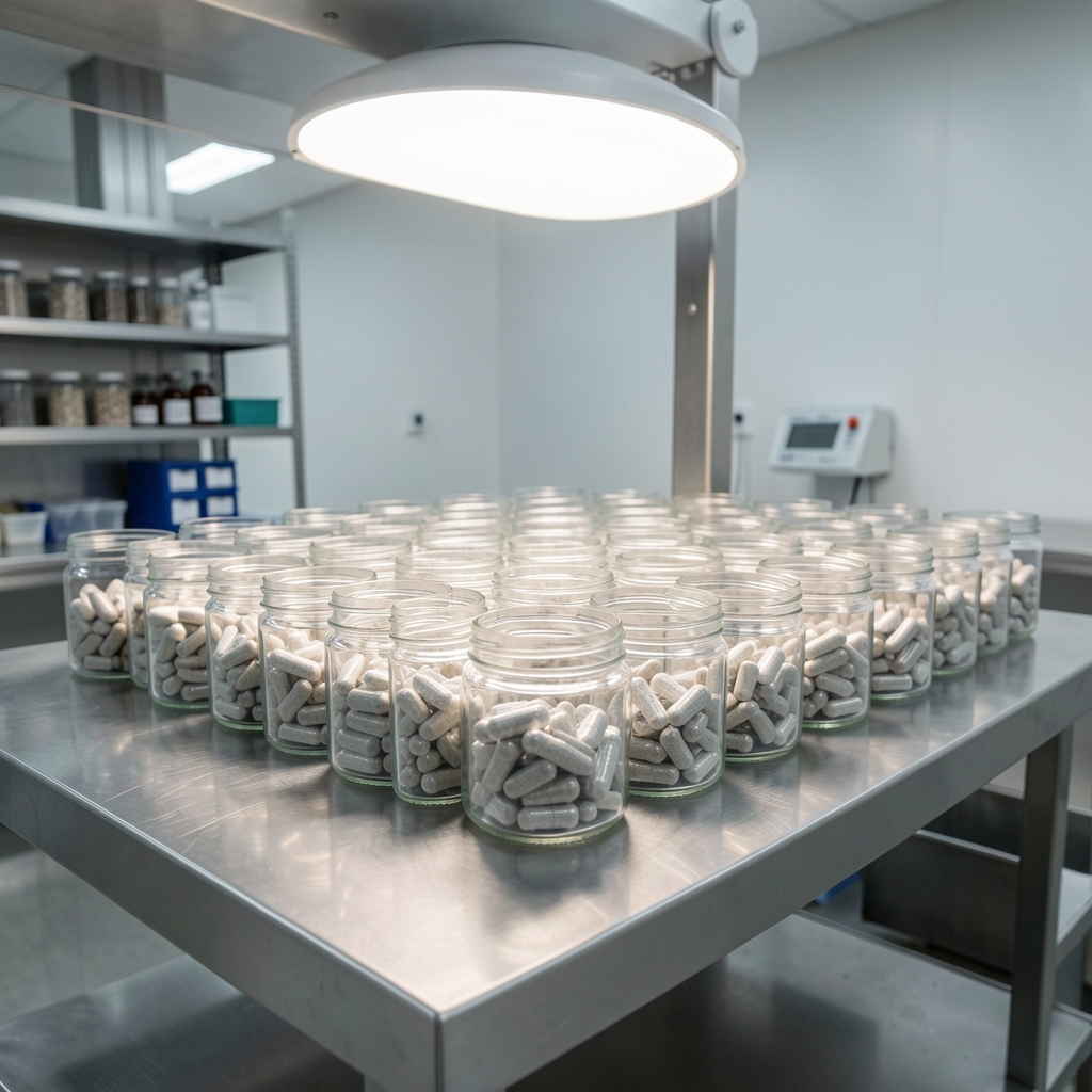 Quality-control environment showing clear glass containers of mineral capsules arranged in rows on a steel bench under overhead studio lighting