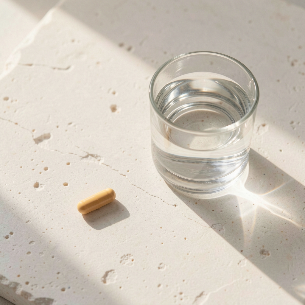 Morning wellness routine flat lay showing a single supplement capsule alongside a glass of water on a white stone surface with natural morning light