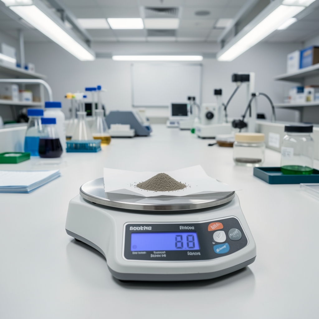 Precision digital scale with small measured portions of mineral powder on weighing paper in a clean quality-control workspace under overhead laboratory-style lighting