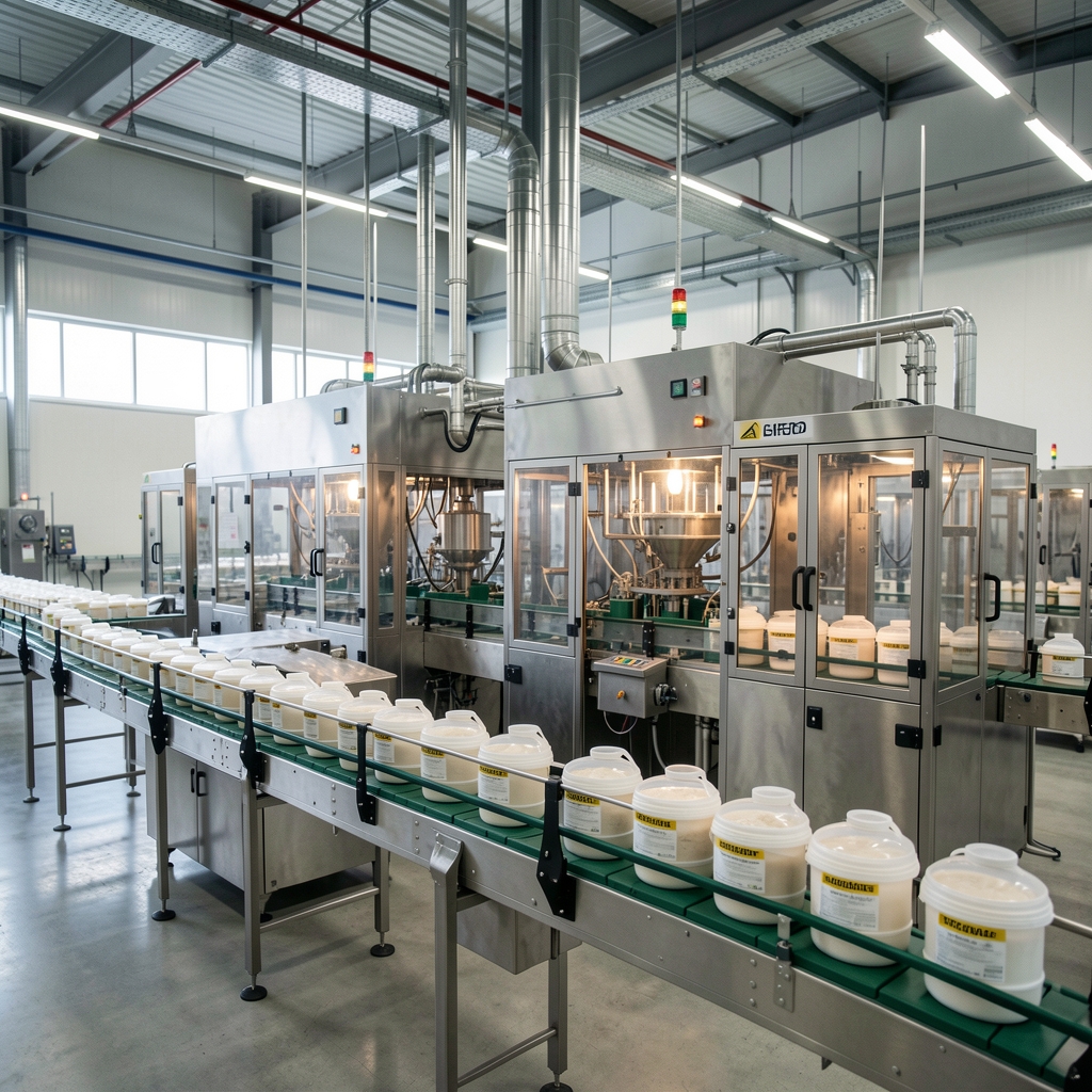 Industrial production facility interior with capsule filling machinery in operation, supplement containers moving along a conveyor belt in a clean food-grade environment