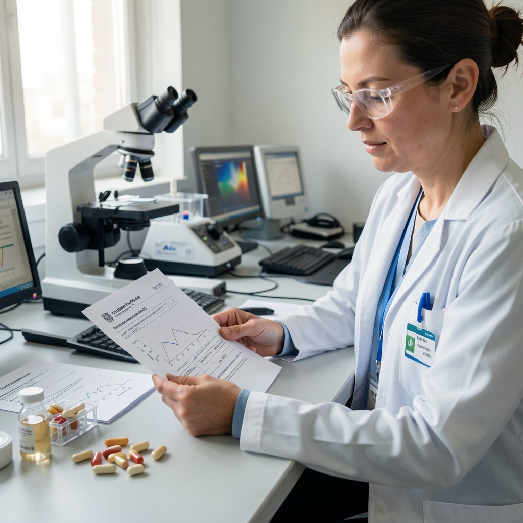 Independent laboratory analyst reviewing printed elemental analysis report at a bench with supplement capsule samples and spectroscopy equipment visible in the background