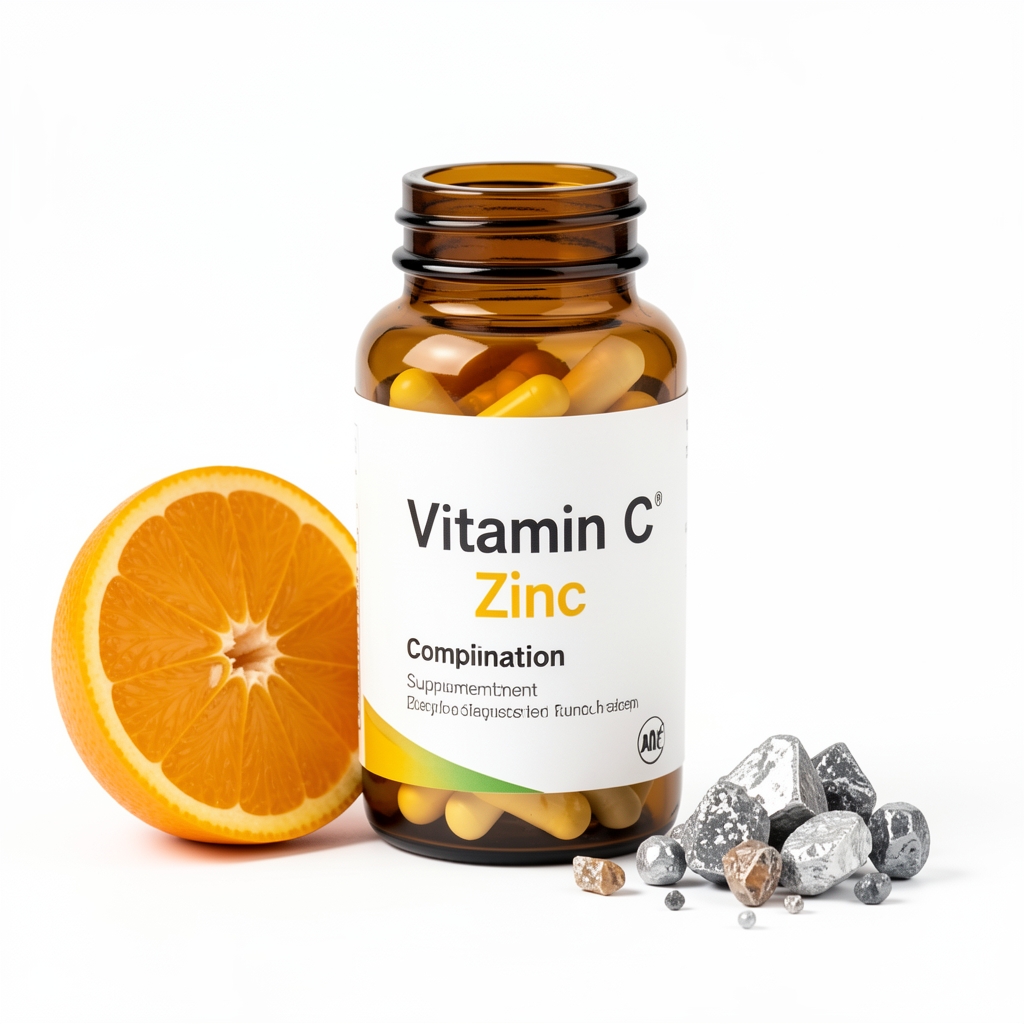 Vitamin C and zinc combination supplement in amber glass bottle on a white background with a single sliced orange and zinc mineral sample arrangement