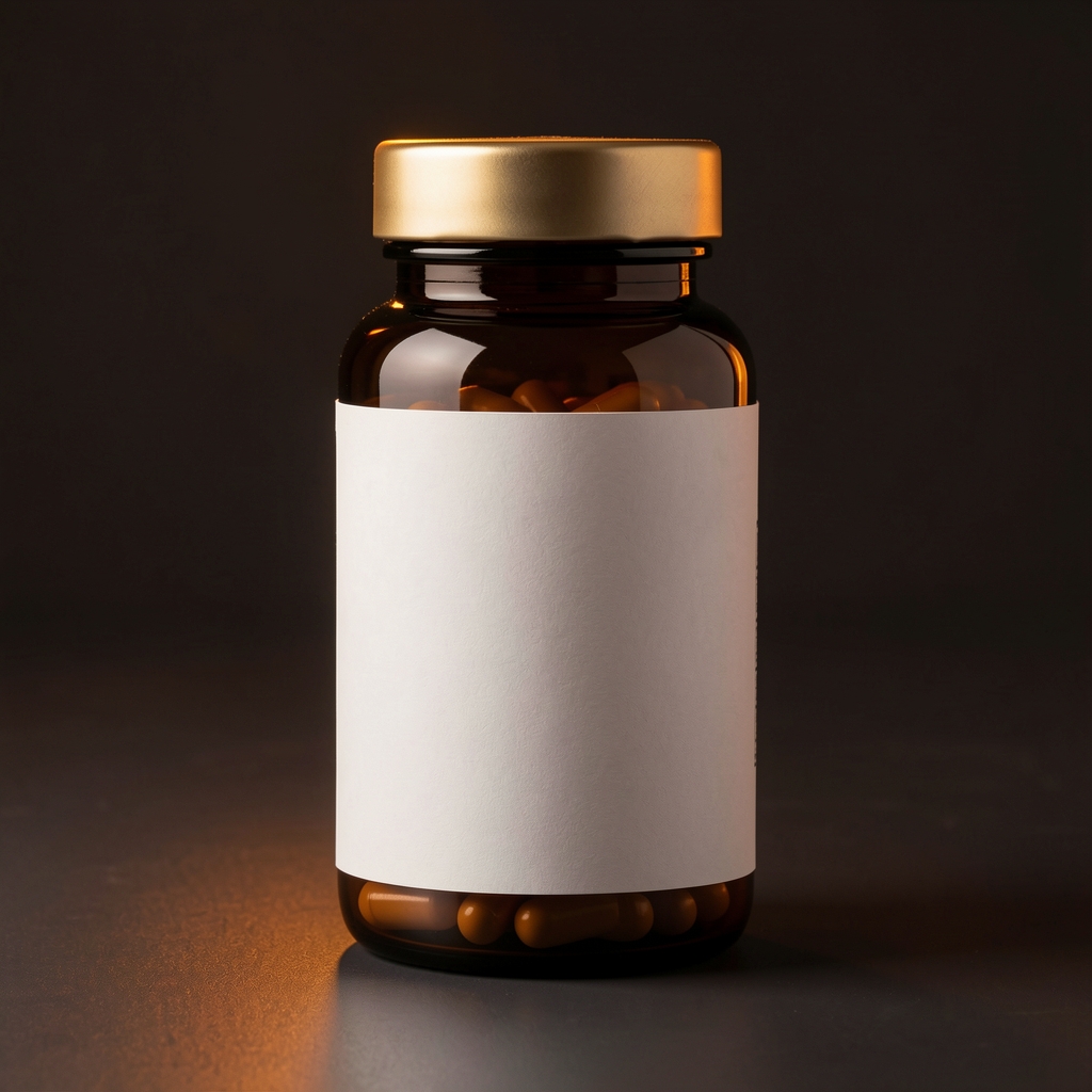 CoQ10 coenzyme supplement capsule bottle on a dark background with warm amber lighting, showing a clean minimalist label and premium dark glass packaging
